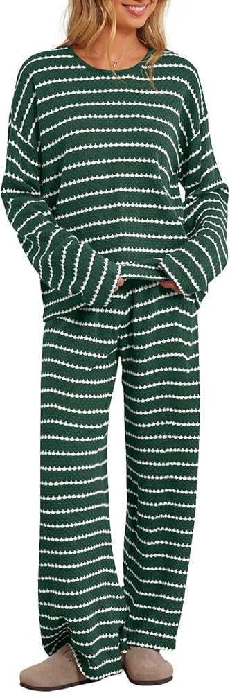 MEROKEETY Women's Two Piece Sweater Sets Trendy Striped Long Sleeve Top Wide Leg Pants Matching O... | Amazon (US)