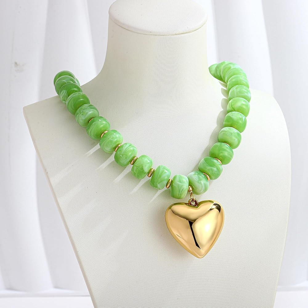 WOWORAMA Chunky Heart Necklaces for Women Colorful Resin Beaded Choker Necklace Gold Puffy Heart ... | Amazon (US)