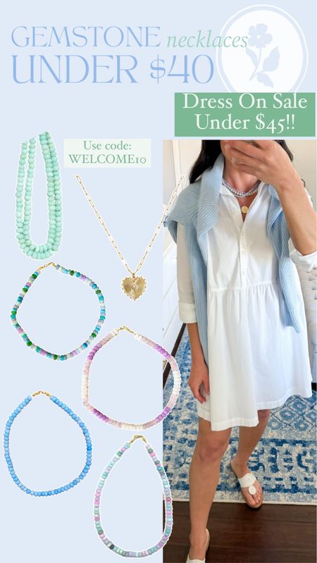 Beautiful gemstone necklaces for under $40 with code: WELCOME 10

And this easy white shirt dress is a summer favorite that is currently on sale for under $45☀️

Sizing: 

Dress fits TTS with a loose, flowy fit. I’m wearing a Petite XS

Summer dress, mini dress, classic style, preppy, sale alert, Loft, vacation outfit, jewelry, beaded necklaces, affordable style 

#LTKFindsUnder50 #LTKSaleAlert #LTKSummerSales