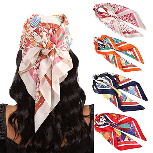 AWAYTR 27.5” Silk Satin Square Head Scarf/Scarves for Women Hair Bandanas Sleeping Neck Head Kerchief/Wraps (Flowering Leaves (Beige/Orange/Navy/Red)), 4PCS | Amazon (US)
