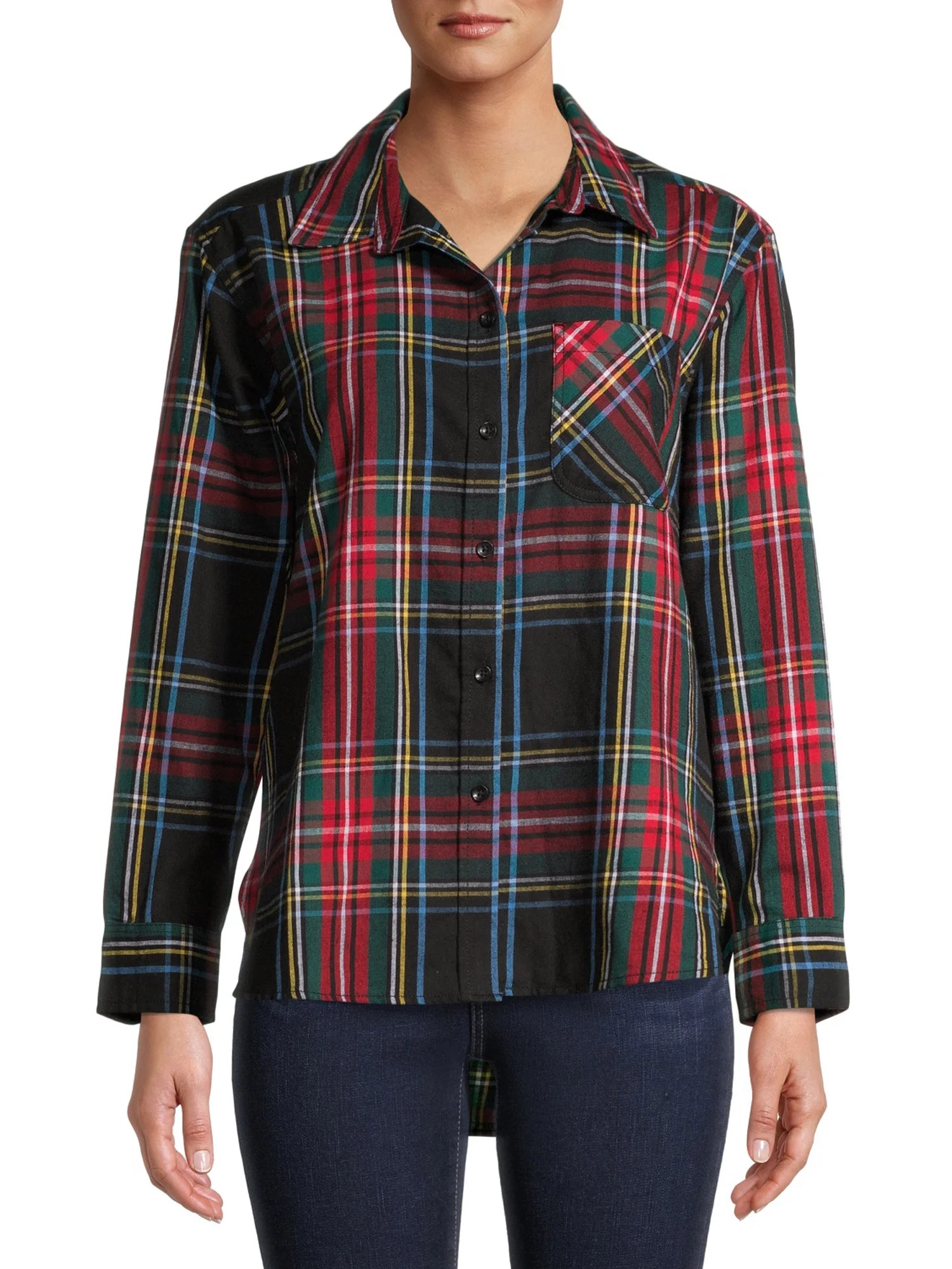 Time and Tru Women's Plaid Flannel Button Front Shirt - Walmart.com | Walmart (US)