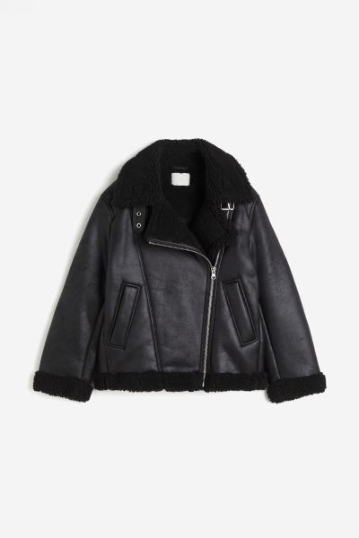 Oversized teddy-lined jacket - Black - Ladies | H&M GB | H&M (UK, MY, IN, SG, PH, TW, HK, KR)