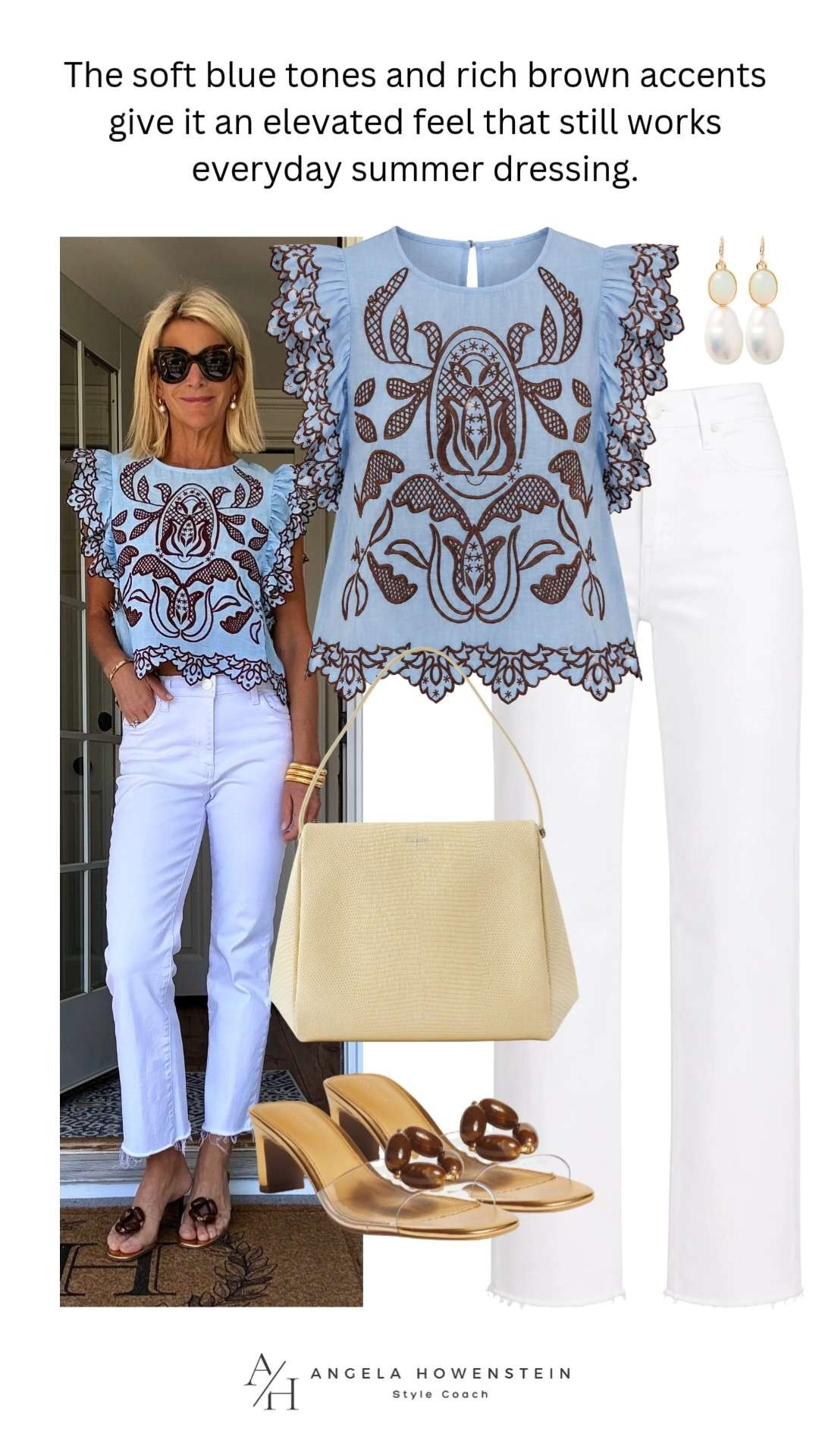 Blue Embroidered Top and White Jeans Outfit 

 #LTKootd #LTKSeasonal #LTKOver40