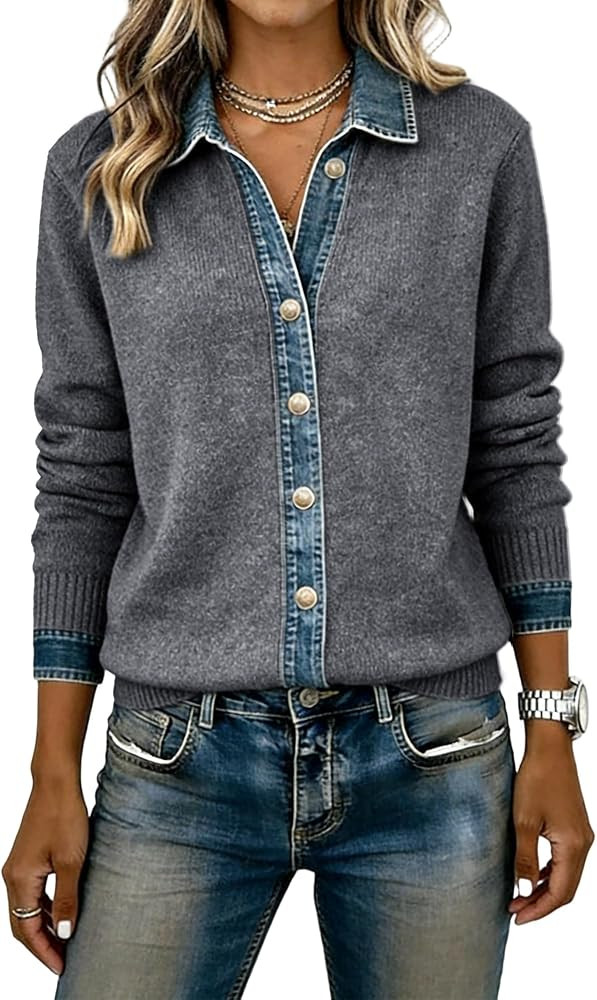 Women's Cardigan Sweaters Denim Patchwork Trim Knitted Tops Long Sleeve Button Outerwear | Amazon (US)