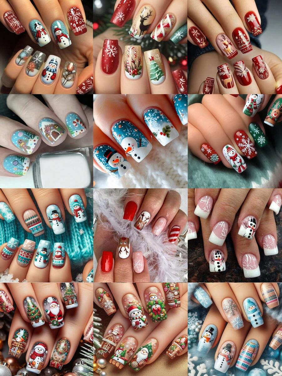 Christmas Nails 288Pcs (12mixed) Short Square Cute Gingerbread Man, Santa Claus, Snowman, Light S... | SHEIN