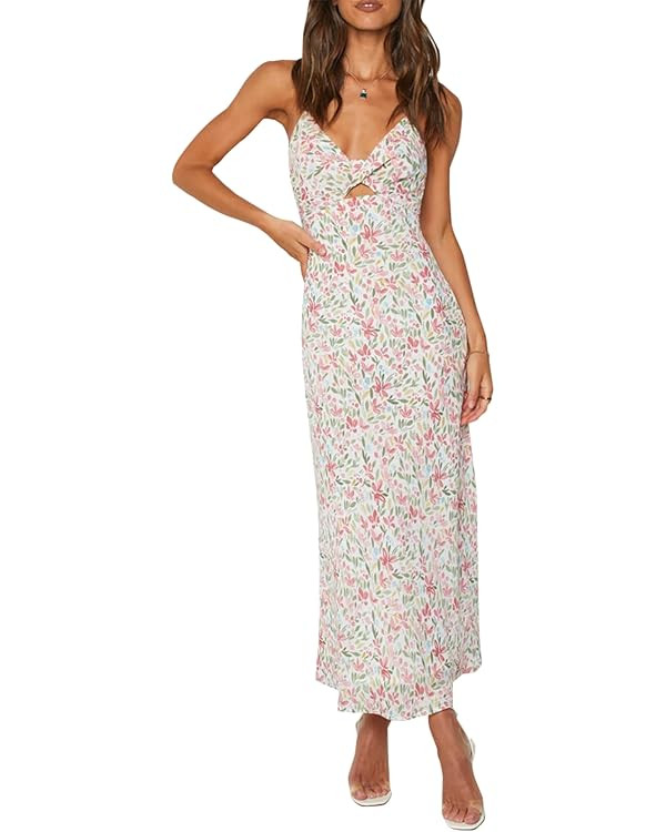 ZAFUL Women's Spaghetti Strap Floral Summer Hollow Twist Front Maxi Dresses Sexy Cutout V Neck Ba... | Amazon (US)