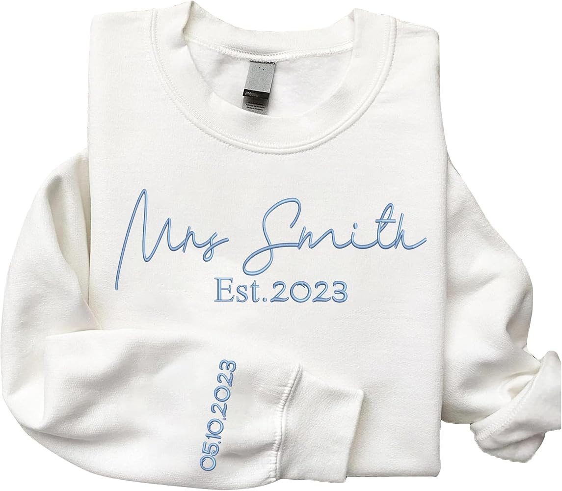 Givesmiles Custom Embroidered Mrs Sweatshirt, Custom Mrs. Last Name Sweatshirt, Custom Date On Sl... | Amazon (US)