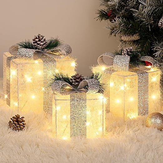 Set of 3 Christmas Lighted Gift Boxes with Plug, Indoor Outdoor Christmas Decorations with 60 LED... | Amazon (US)