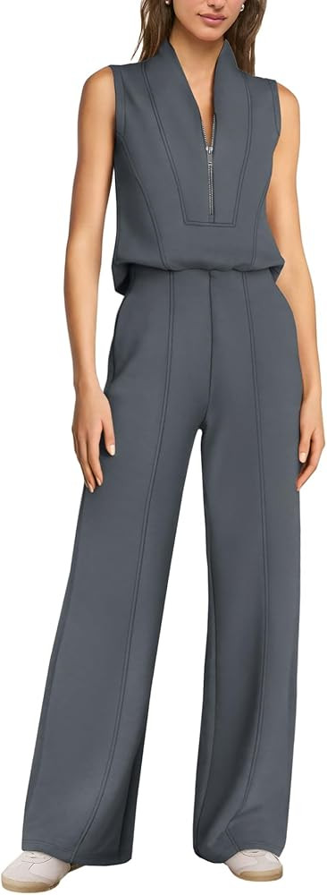 Amazon.com: SENSERISE Womens Summer Jumpsuit Dressy Casual Sleeveless One Piece Jumpsuit Half Zip... | Amazon (US)