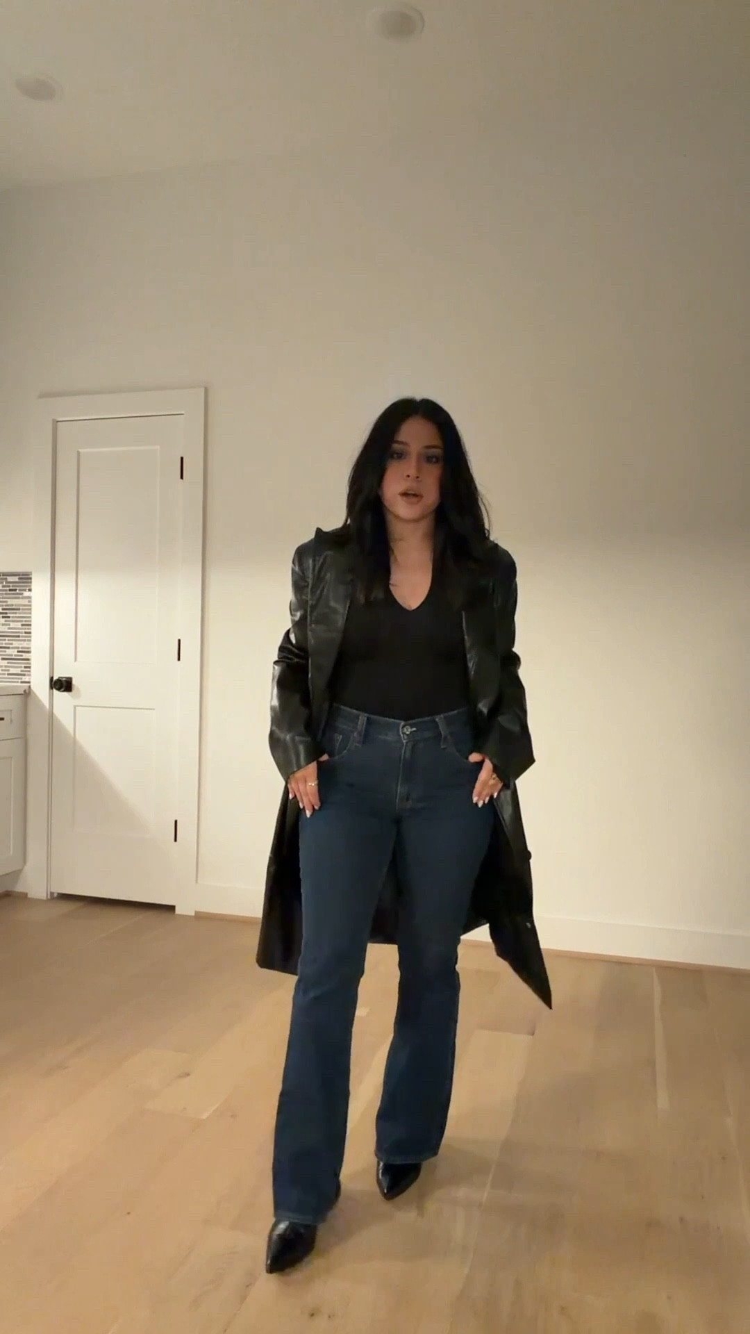 Jazz club outfit of the night 
Bodysuit: small
Jeans: 27 short 
Faux leather long jacket: small 
Black boots: 6.5 
Mini fendi bag 
Silver chunky earrings 
Dyson airwrap 
Body glow oil 

#LTKgrwm #LTKFindsUnder100 #LTKootd