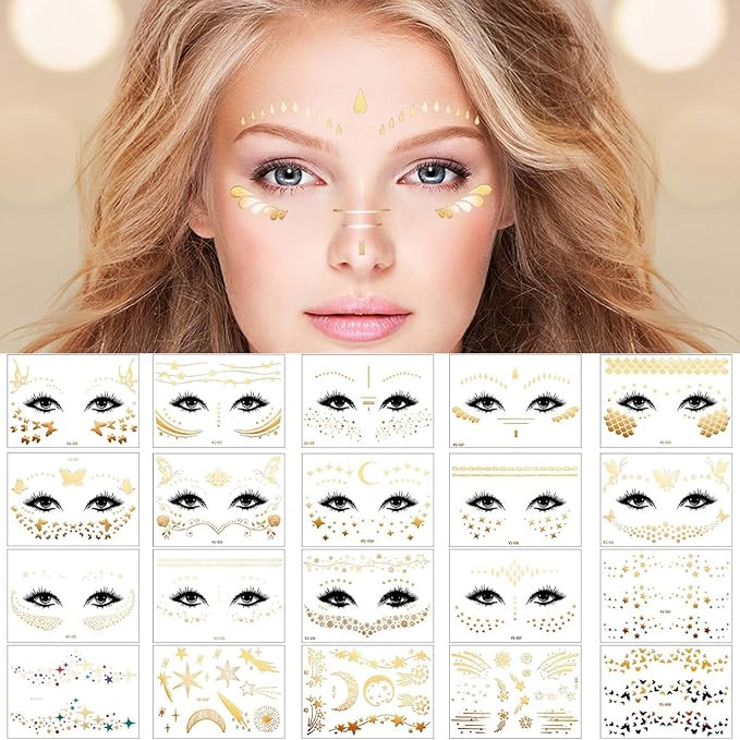 20 Sheets Face Metallic Temporary Tattoo Sticker, Face Gold Temporary Transfer Tattoo Freckle Sti... | Amazon (US)