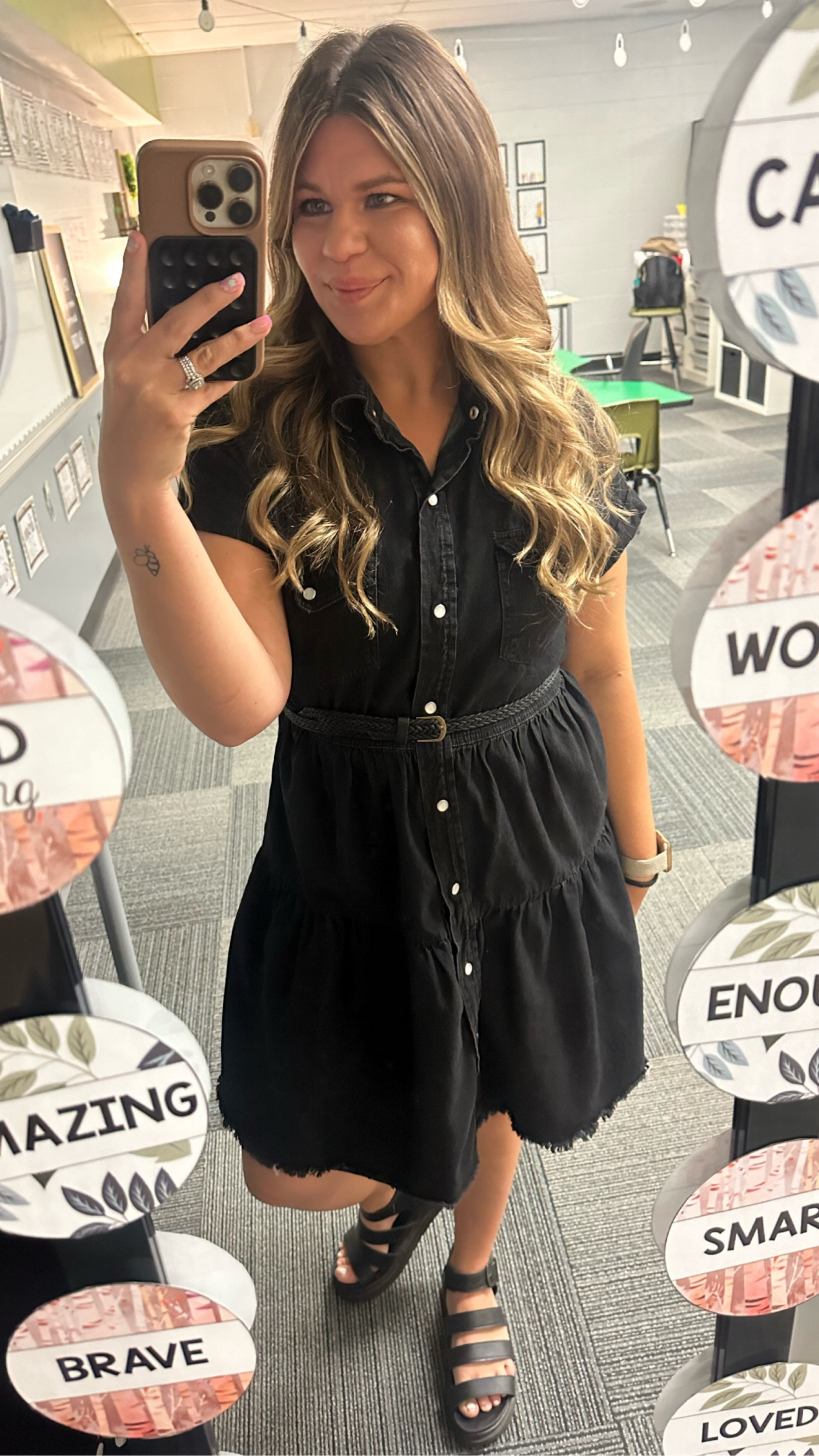 Teacher outfit

Tiered black denim dress
Skinny belt
Black sandals

#LTKWorkwear #LTKSaleAlert #LTKFindsUnder100