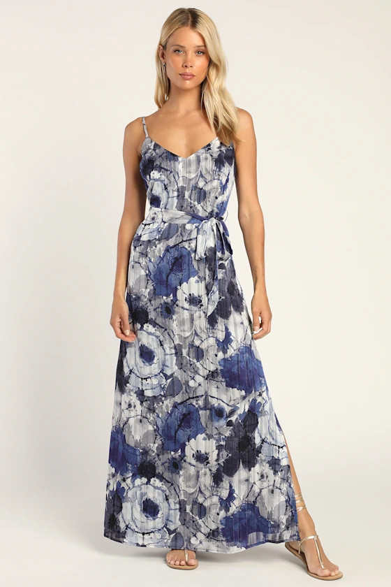 Sparkling Summer Navy Blue Floral Lurex Maxi Dress | Lulus (US)