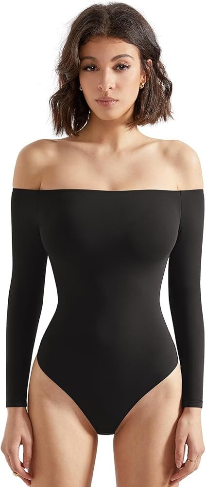 SUUKSESS Women Off the Shoulder Long Sleeve Bodysuit Double Lined Thong Bodysuit | Amazon (US)