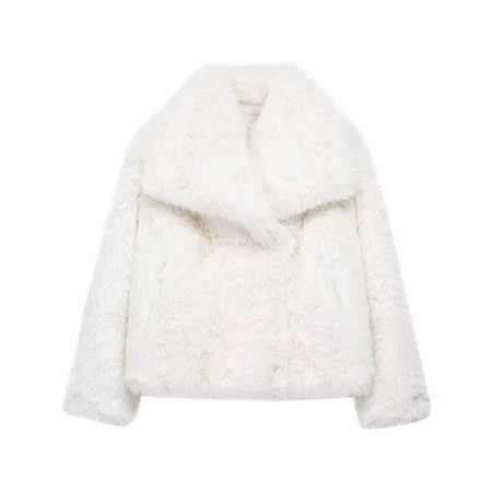 Short Faux Fur Jacket for Women Lapel Cardigan Winter Fluffy Outwear Coat for Evening Dresses White L | Walmart (US)