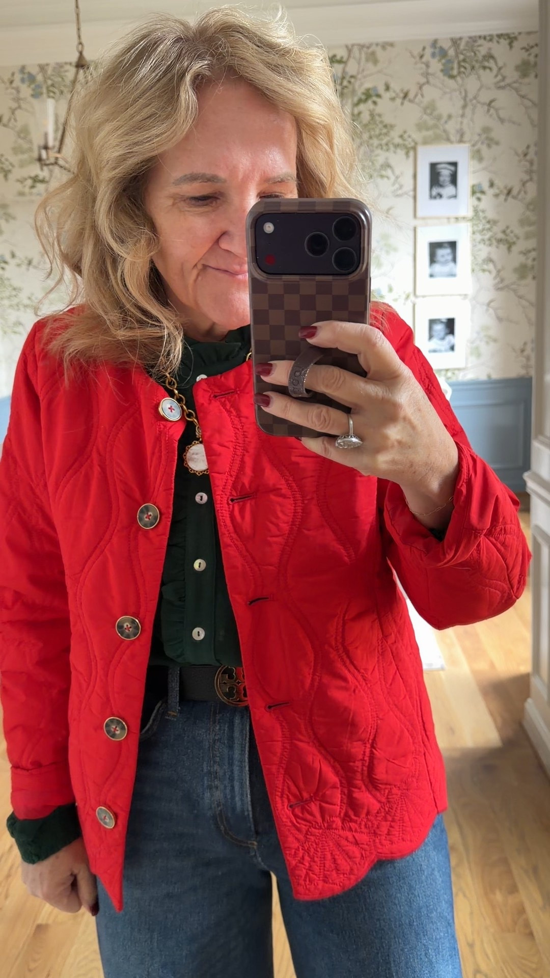 Red jacket size medium petite 
Blouse size medium 
Sweatpant jeans size down in s 28
I’m linking an under $100 option that I have not tried 

#LTKootd #LTKSaleAlert #LTKOver40