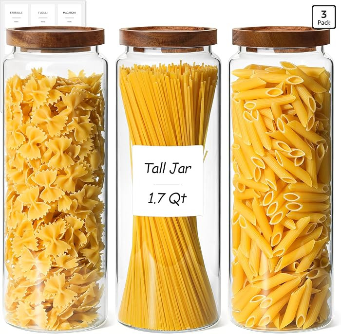 ComSaf 3Pcs (1.7Qt) Airtight Glass Pasta Storage Containers with Acacia Wood Lids, Tall Pantry St... | Amazon (US)