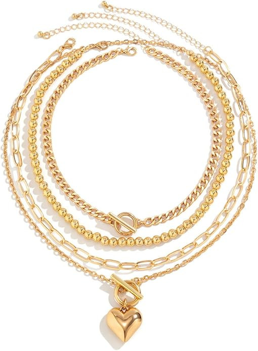 4pcs Layered Gold Necklaces Stack for Women,Chunky Gold Necklace Herringbone Paperclip Chain Neck... | Amazon (US)