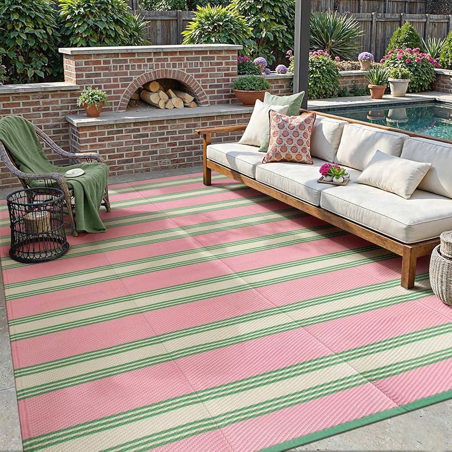 Lahome Striped Outdoor Rug 8x10 Patio Waterproof, Reversible Outdoor Plastic Straw Rug for Camping, RV Patio Rugs Outside Large Carpet for Porch Deck Backyard Picnic(Pink/Green,8'x 10') | Amazon (US)