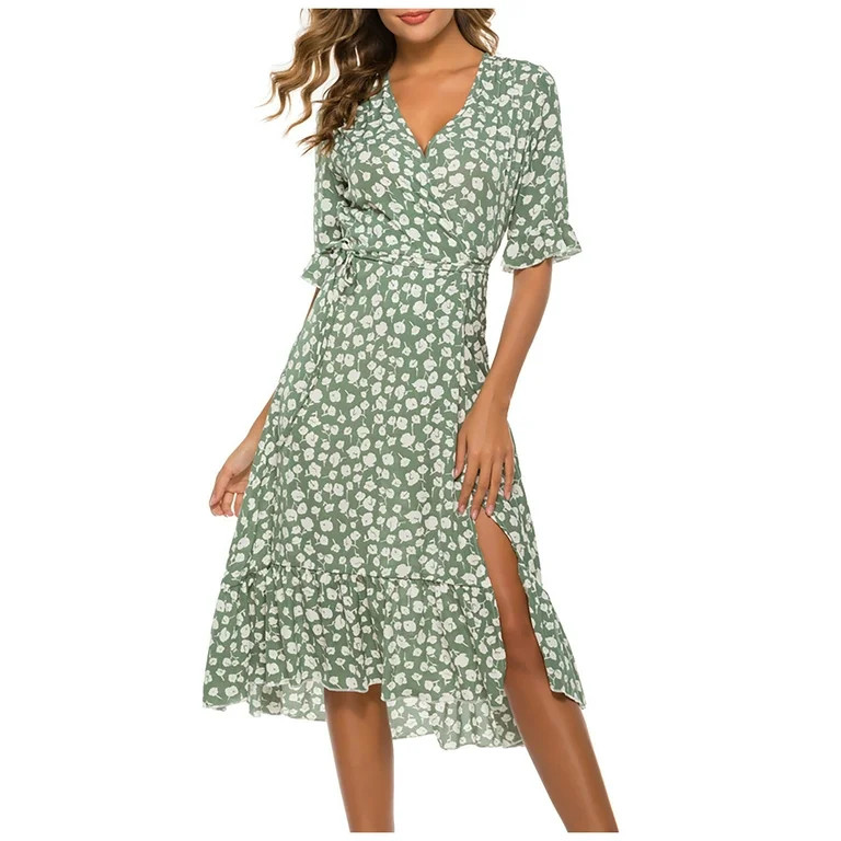 Mohiass Dresses for Women 2024 Short Ruffle Sleeve Floral Casual Summer Boho Loose Fit Midi Dress... | Walmart (US)