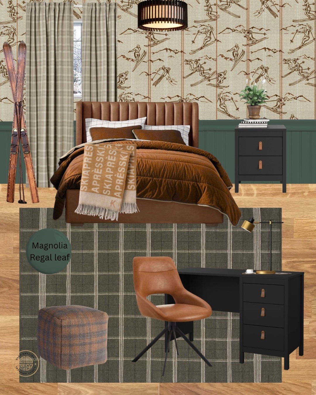 Cabin-inspired bedroom mood board, boys room, ski wallpaper, plaid rug and curtains, faux leather upholstered bed and desk chair, affordable desk and nightstand from Wayfair! #boysroom #plaid #joannagaines

#LTKMens #LTKKids #LTKHome