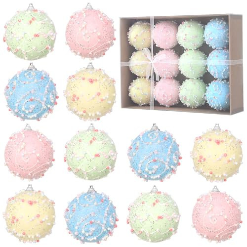 12 Pcs Pastel Color Shatterproof Glitter Foam Christmas Ornament Set - 3.15 Inch Decorative Hanging Balls for Sweet - Themed Xmas, New Year & Holiday Party, Home Christmas Tree Decor | Amazon (US)