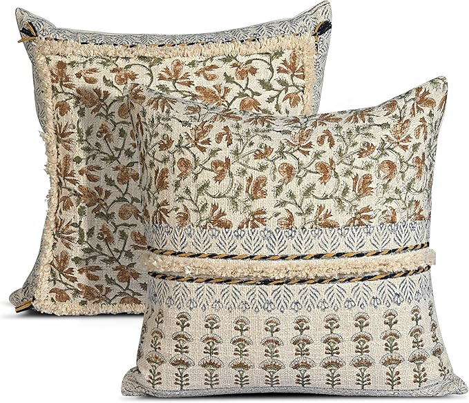 Hand Block Print Cotton Throw Pillow Cover, Amber Fern 18x18 Set 2 | Amazon (US)