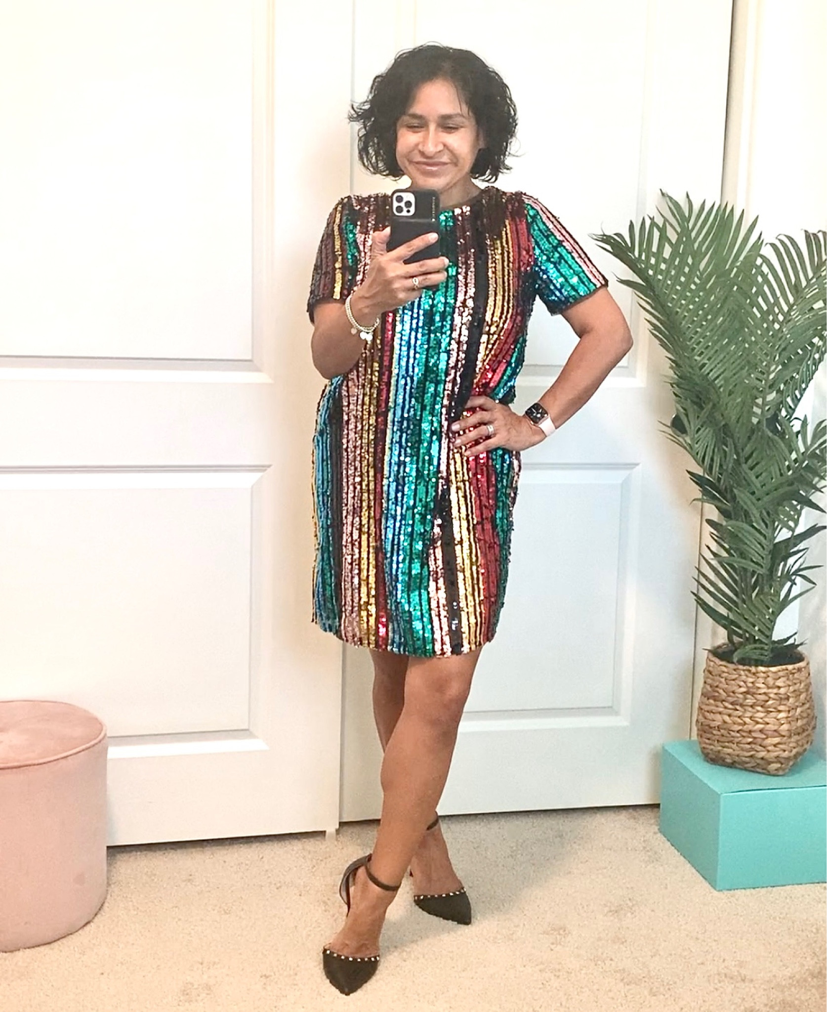 #sequin #shinydress #sparklydress #rainbowdress #pride #parade #colorfulminidress #holidaydress #blackheels #studdedheels #anklestrapheels #pointytoeheels #jessicasimpson #francescas 

#LTKcurves #LTKstyletip #LTKshoecrush