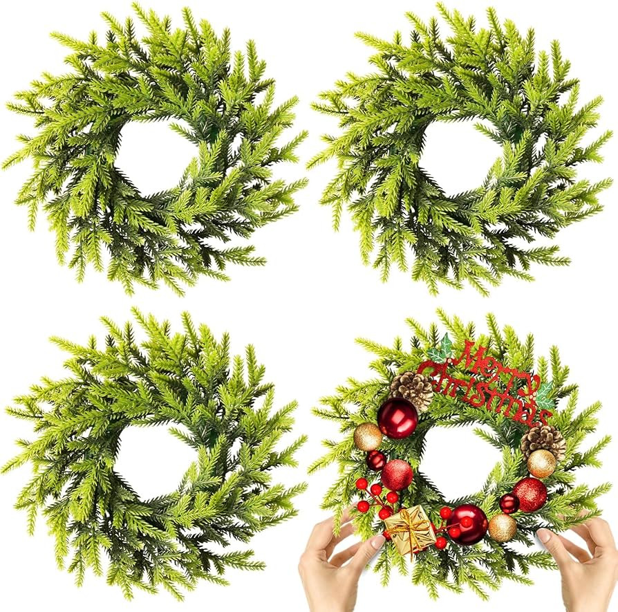 4 Pcs Christmas DIY Gree Wreath 10 Inch Christmas Green Artificial Wreaths DIY Faux Plain Wreaths... | Amazon (US)