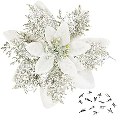 15 Pcs Silver Poinsettia Artificial Flowers Glitter Artificial Christmas Flowers Decorations with... | Amazon (US)