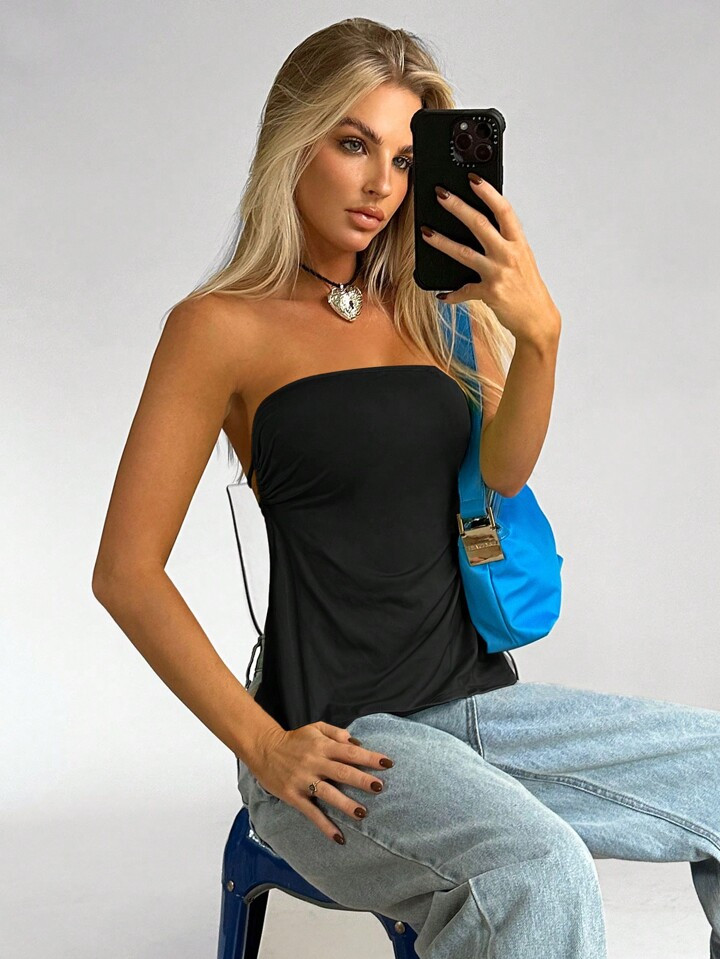 SHEIN EZwear Summer Black Y2k Solid Backless Tube Top | SHEIN