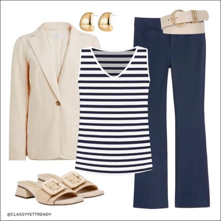 Business casual outfits to wear to work or everyday if you need an elevated wardrobe! ✔️ All outfits are from the Business Casual Summer 2024 capsule wardrobe collection, which includes convenient online shopping links, 100 outfit ideas, a travel packing guide, plus more. ☀️ 

Striped tank
Linen blazer
Navy pants
Raffia slide sandals