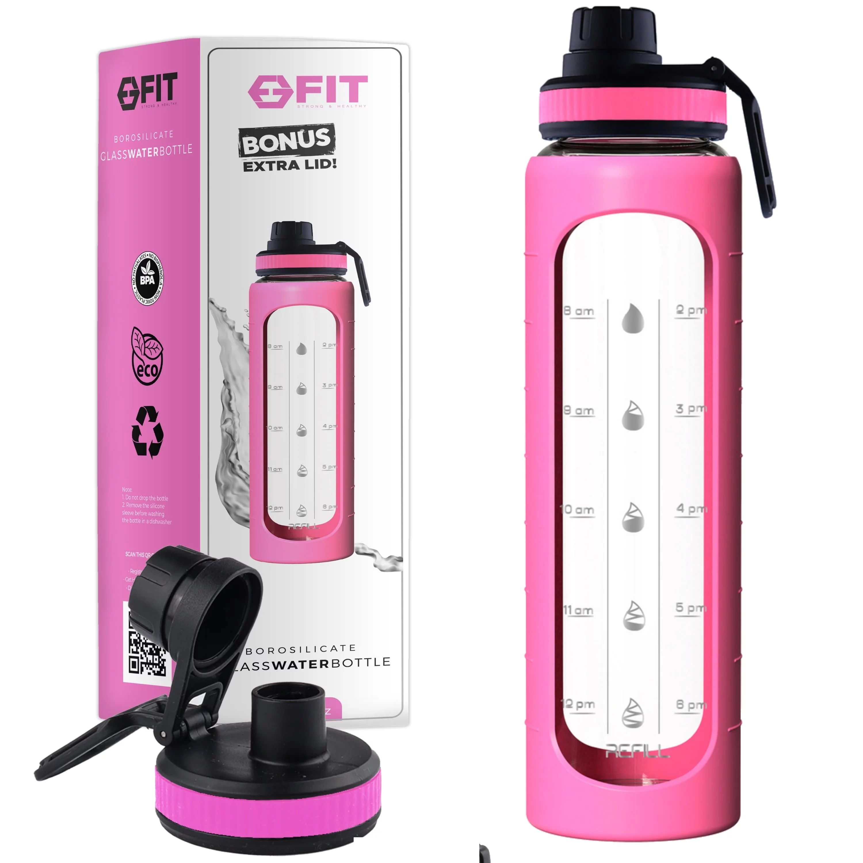 32 oz Glass Water Bottle with Time Marker Reminder and Silicone Sleeve (Pink) - Reusable, Wide Mo... | Walmart (US)