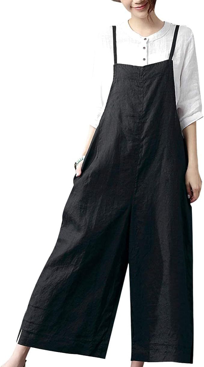 YESNO Women Casual Loose Long Bib Pants Wide Leg Jumpsuits Baggy Cotton Rompers Overalls with Poc... | Amazon (US)