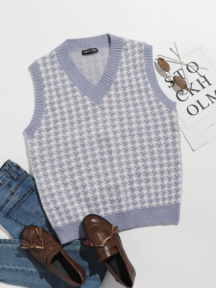 V-neck Houndstooth Pattern Sweater Vest | SHEIN