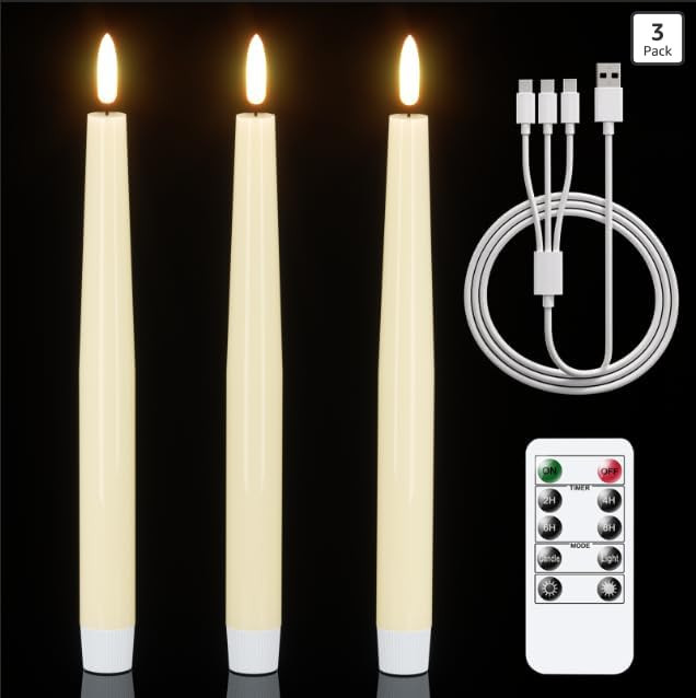 GenSwin Rechargeable Flameless Taper Candles, 3 Pack Ivory LED Taper Candles Battery Operated wit... | Amazon (US)