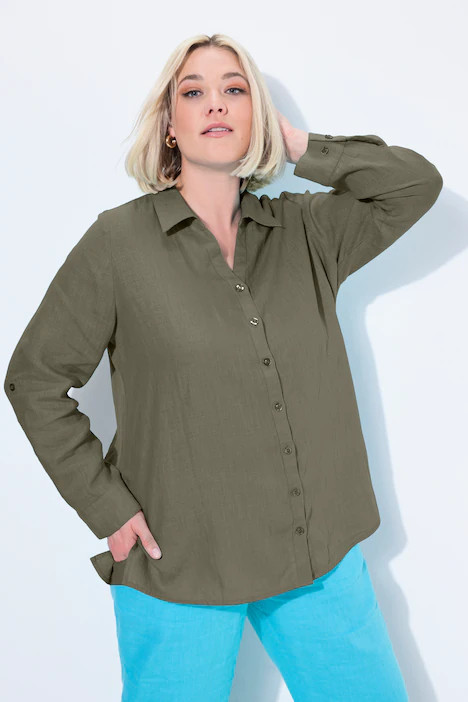 Roll-Tab Sleeve Button Front Linen Blouse | Ulla Popken - US