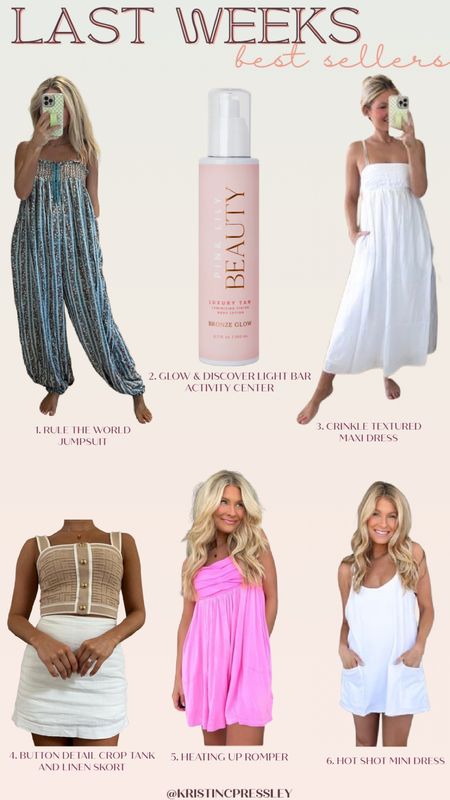 Last week’s best sellers. Boho jumpsuit. Free people. Designer dupe. Designer inspired sweater tank. Flow he romper. Maxi dress. White dress. Athleisure. Summer style. Mom style. Beach outfit. Vacation outfit. Tanning mousse. Self tanner.

#LTKSeasonal #LTKstyletip #LTKbeauty