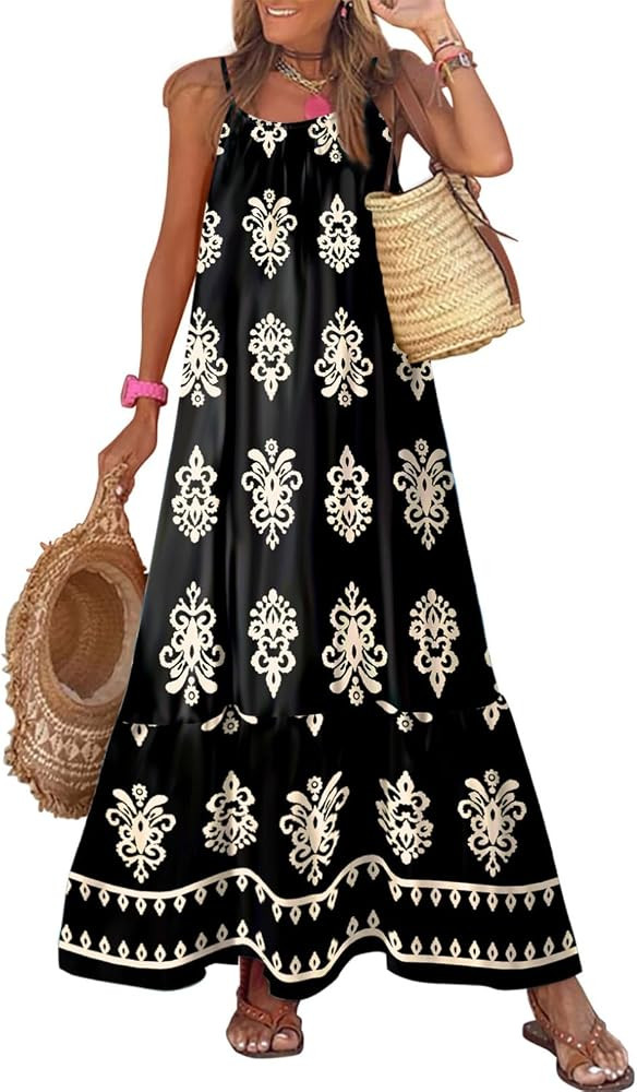 Dokotoo Women Summer Dresses Scoop Neck Ruffle Flowy Boho Maxi Dress | Amazon (US)