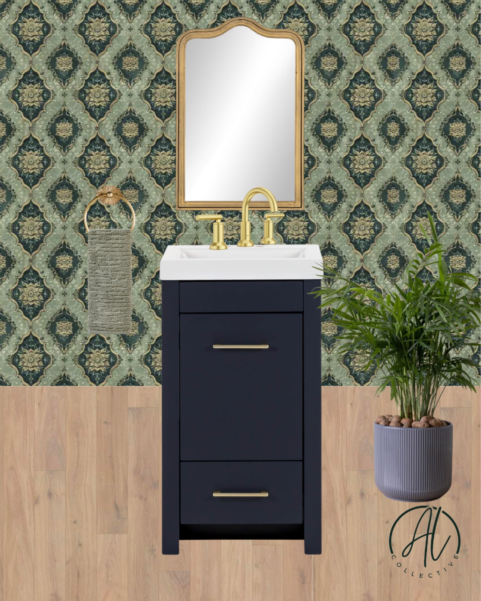 Powder room. Bathroom design. Mood board. Vanity. Towel holder. Hand towel. Bathroom faucet. Vanity mirror. Wallpaper  

#LTKHome