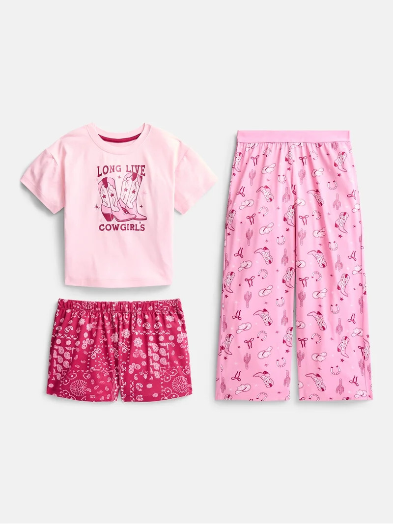 Wonder Nation Girls Graphic Tee with Shorts and Pants Pajama Set, 3 Piece, Sizes 4-18 | Walmart (US)