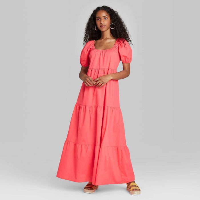 Women's Short Sleeve Tiered Poplin Maxi Dress - Wild Fable™ Coral | Target