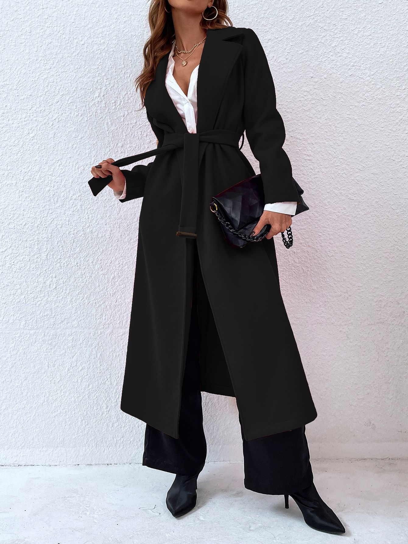 Open Front Belted Overcoat | SHEIN