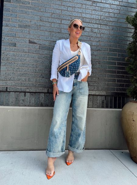 Classic summer style! Love this blazer! 😍
I did small. 
Jeans tts but run a little roomy 
Smoothing tanks use code: LILLIEXSPANX.

Summer outfit. Blazer. White linen. Workwear. Chic. Summer style. Baggy jeans. 

#LTKFindsUnder100 #LTKSeasonal #LTKStyleTip