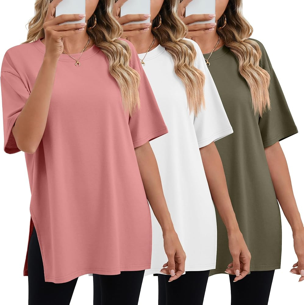 Huukeay 3 Pack Women's Oversized Gym T Shirts Cotton Short Sleeve Side Split Crewneck Tops Casual... | Amazon (US)