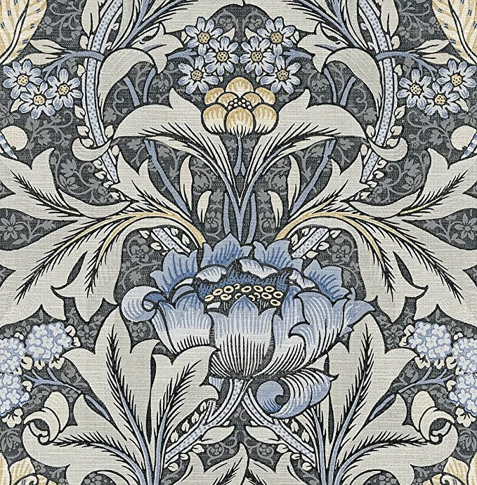 NextWall Acanthus Floral Peel and Stick Wallpaper (Charcoal & Carolina Blue) | Amazon (US)