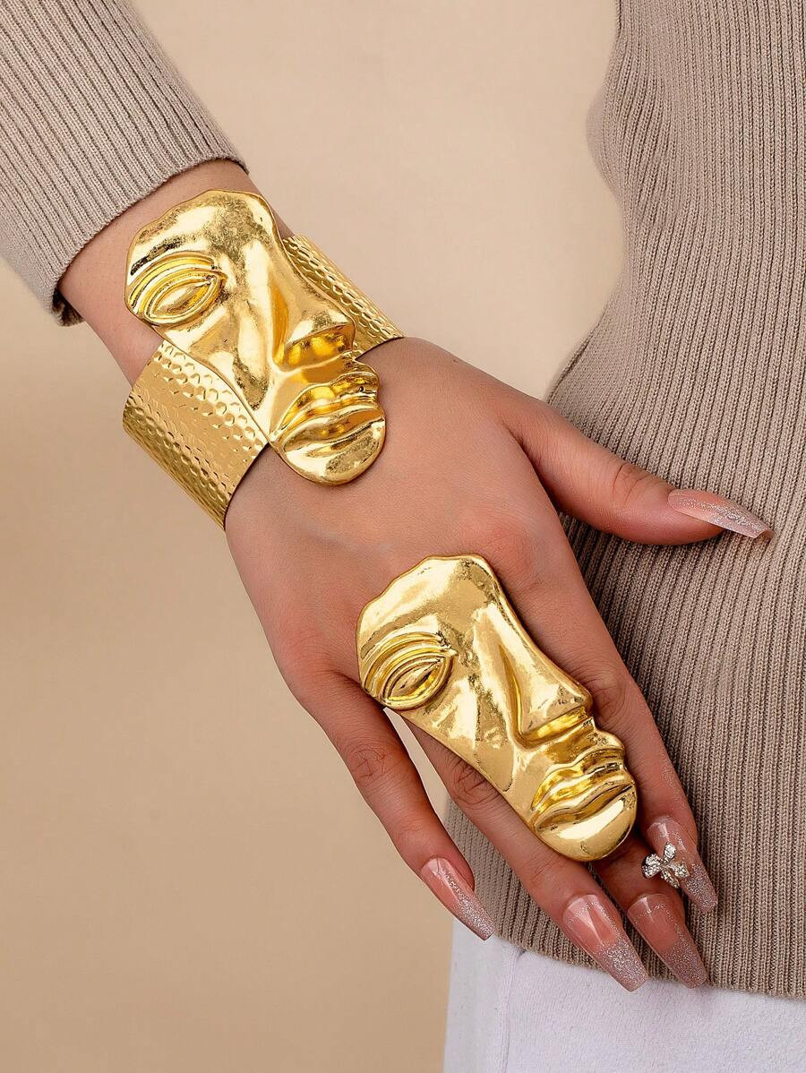Golden Color Abstract Face Mask Design Cuff Bangle Chunky Ring , Golden Color Jewelry Set For Wom... | SHEIN