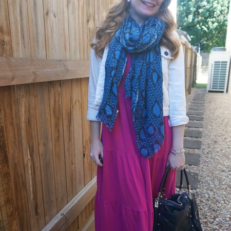 My Kmart tiered fuchsia pink midi dress with one of my favourite navy scarf and a forever classic white denim jacket 💕💙

#LTKaustralia #LTKwinter #LTKbag