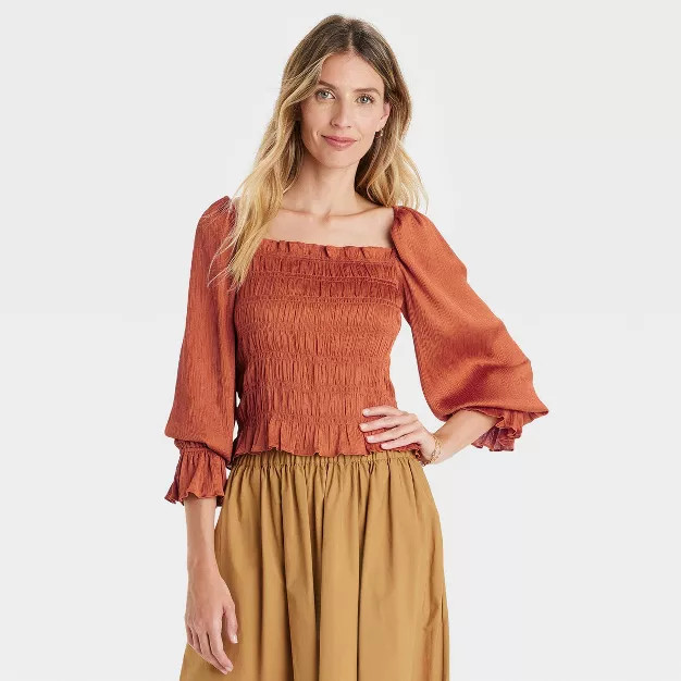 Women's Puff Long Sleeve Slim Fit Smocked Top - A New Day™ | Target