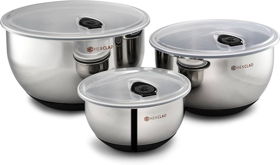 HexClad 3 Piece Stainless Steel Mixing Bowl Set with Vacuum Seal Lids | Amazon (US)